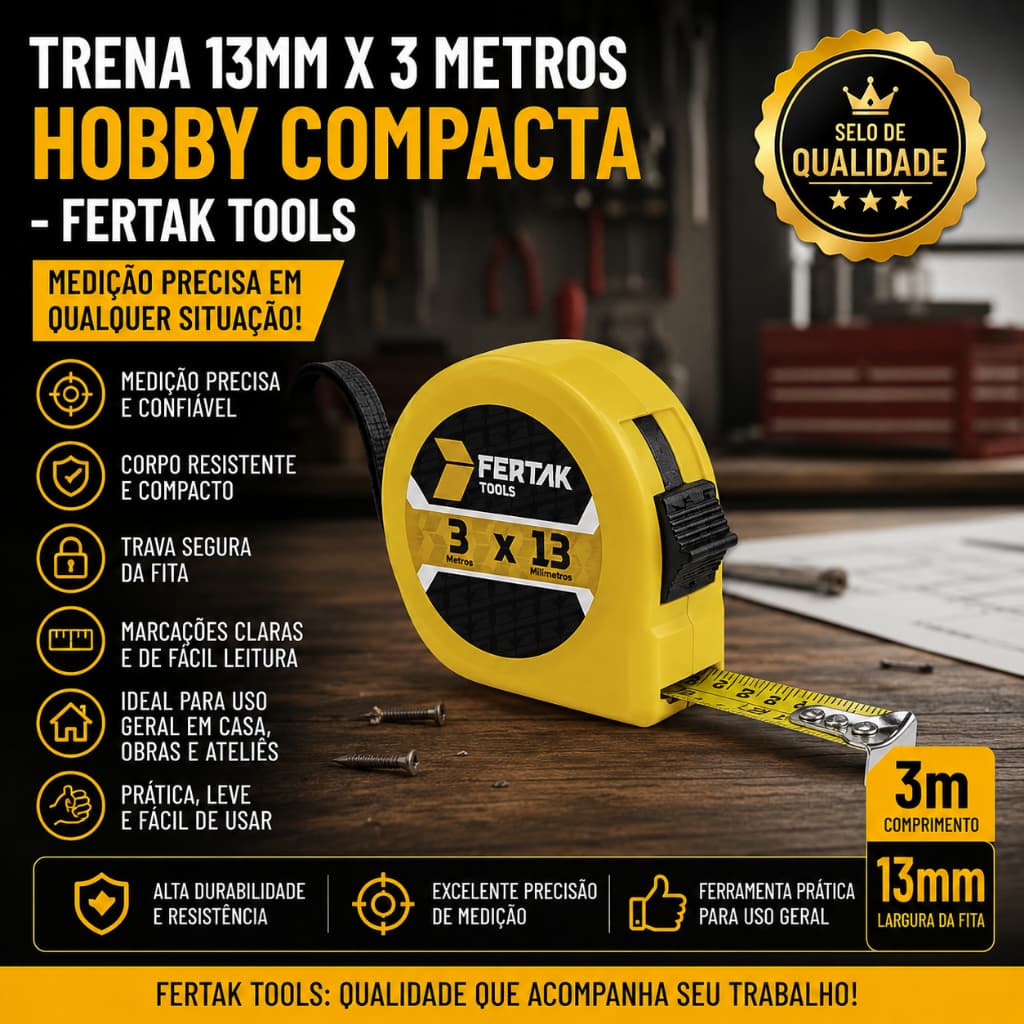 Trena 3m x 13mm Fertak Hobby Compacta Medição Precisa Resistente Uso Geral Ferramenta
