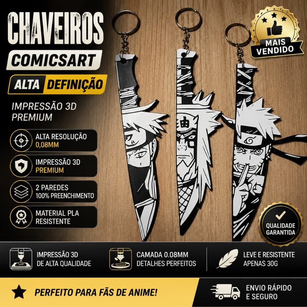 Chaveiro Kunai Naruto Kakashi Jiraiya Impressão 3D Premium 0,08mm