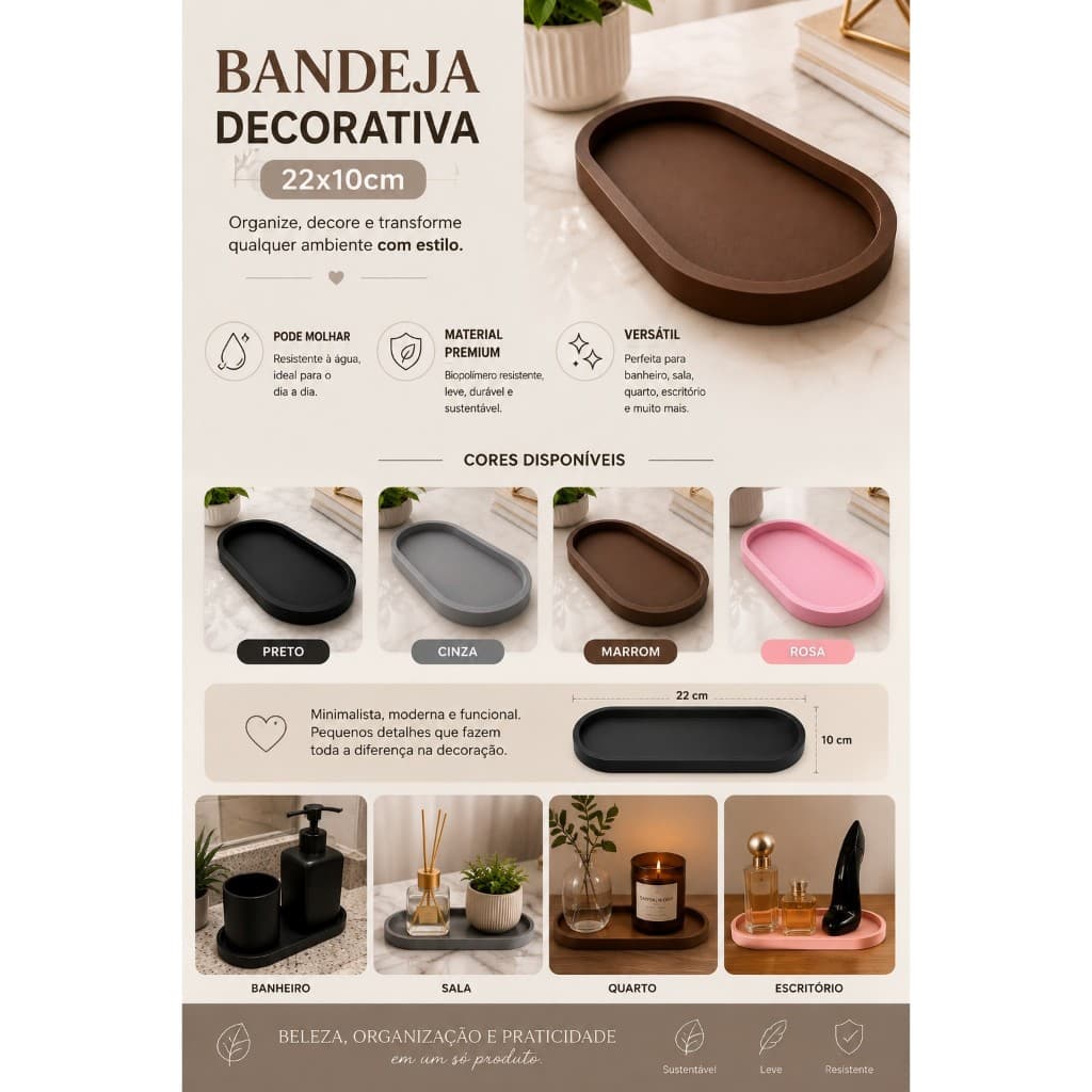 Bandeja Decorativa Organizadora 22x10cm | Porta Perfumes, Joias, Velas e Itens de Banheiro | Decoração Minimal