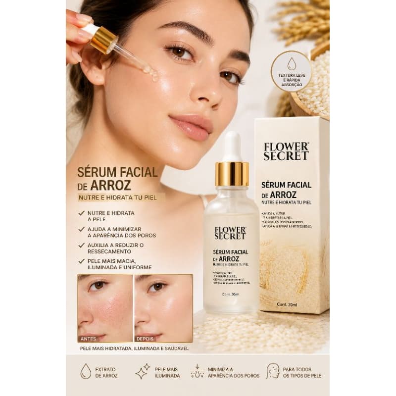 Sérum Facial de Arroz Flower Secret 30ml Hidratante Clareador Pele Glow