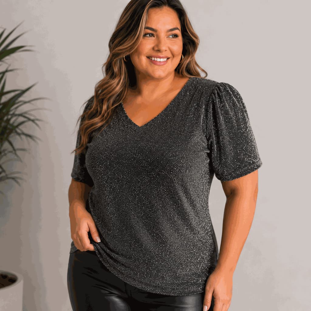 Blusa Feminina Plus Size Festa Elegante Noite Brilho Lurex Metalizada GG G1 G2