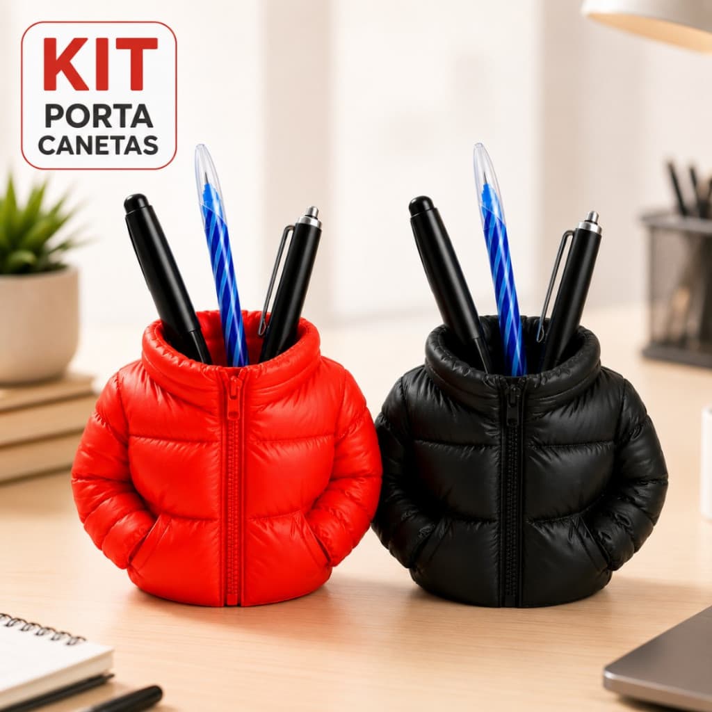 Kit Porta Lápis Jaqueta Puffer Vermelho e Preto Organizador Mesa Fofo Decorativo Criativo