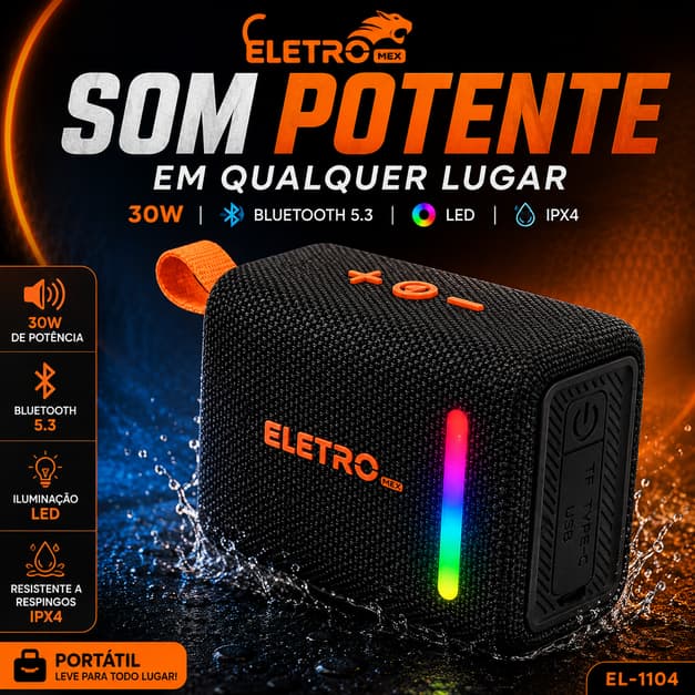Caixa de Som Bluetooth Portátil 30W IPX4 à Prova D'Água LED USB TF Alça Bluetooth 5.3