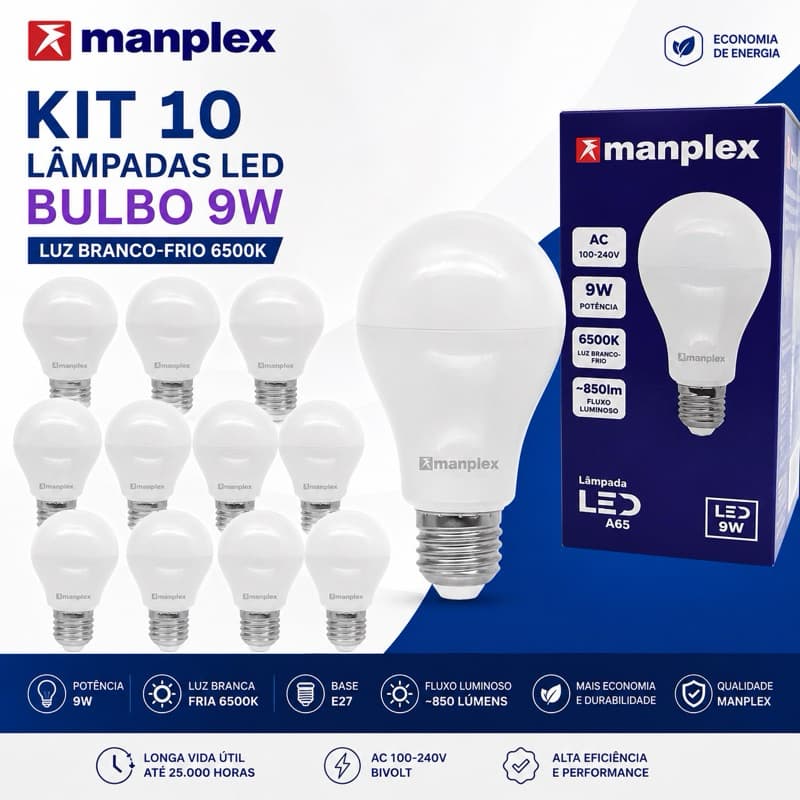 Kit 10 Lâmpadas LED Bulbo 9W Manplex E27 6500K Branco Frio Bivolt Econômica Alta Potência Residencial