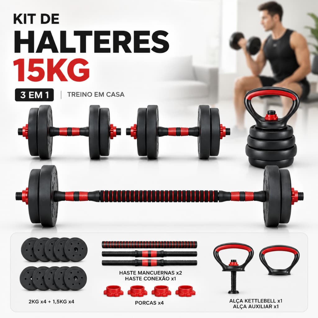 Kit De Halteres De Musculação E Anilhas Reguláveis 15KG 3 em 1 - Com Barra Longa E Kettlebell Para Treino Em Casa