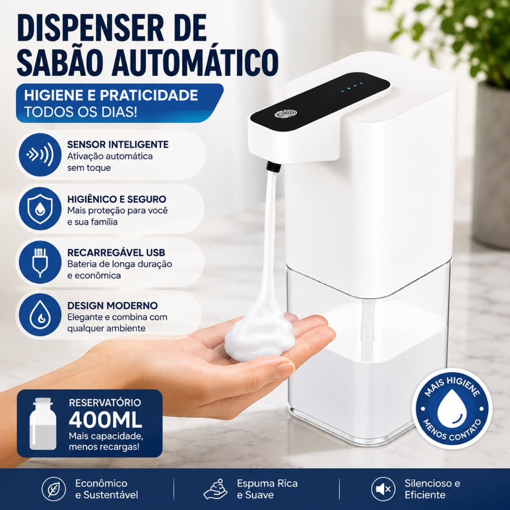 Dispenser Automático de Sabão Líquido USB 400ml com Sensor Nexora