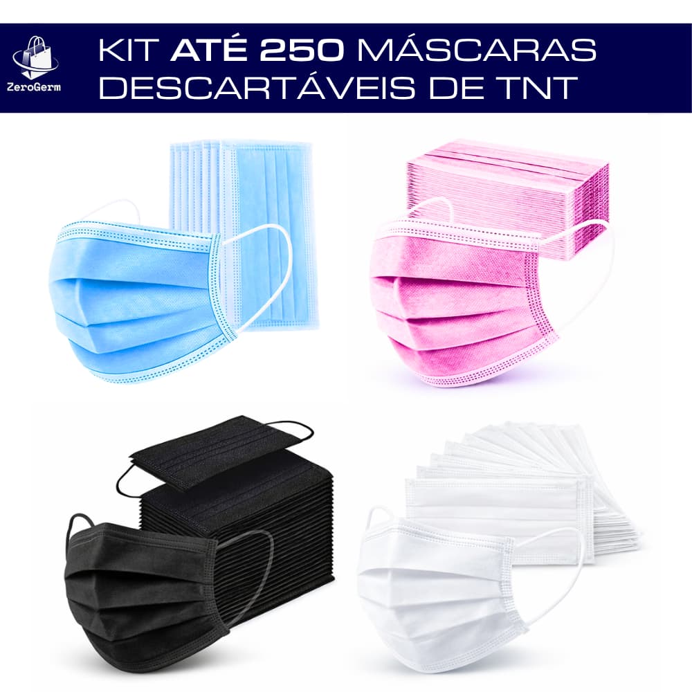Kit até 250 Máscaras Descartáveis TNT | Preta, Branca, Azul ou Rosa c/ Tripla Camada Adulto