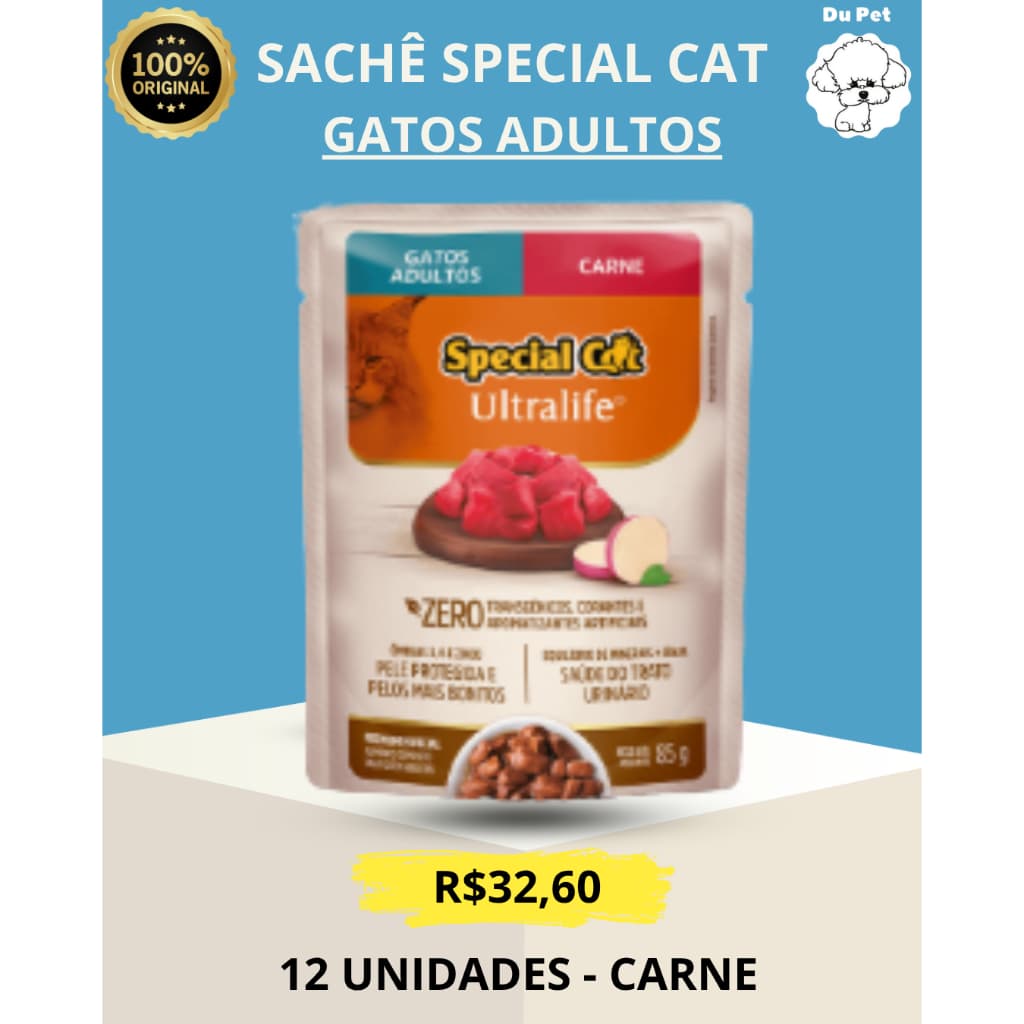 KIT ( CAIXA ) 12 UNIDADES SACHÊS SPECIAL CAT CARNE - GATOS ADULTOS - RAÇÃO ÚMIDA