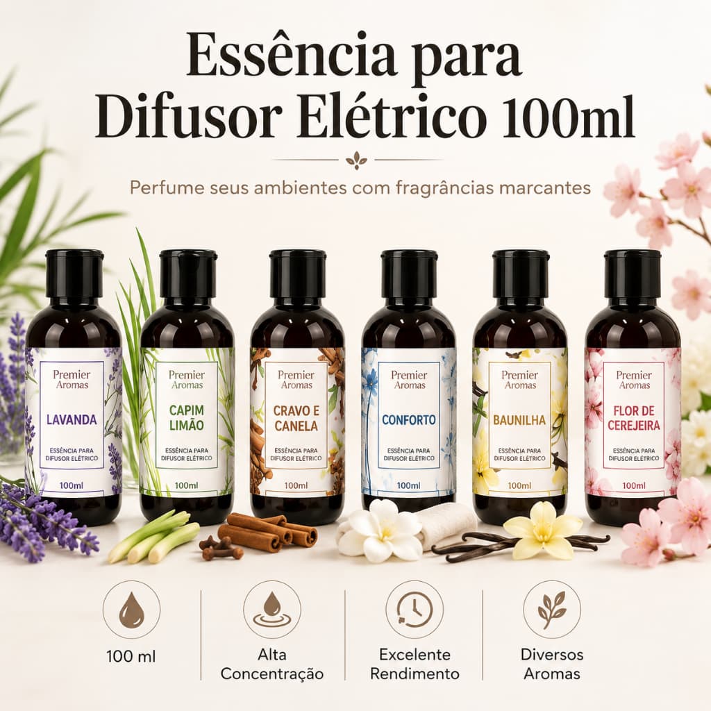 Essência Hidrossolúvel Difusor Elétrico 100ml Aromatizante de Ambientes Premium