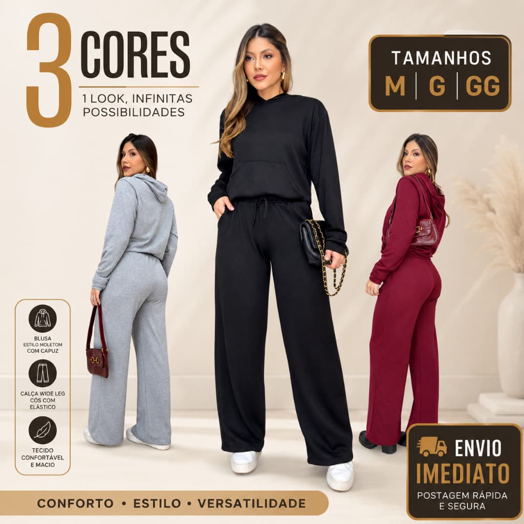 Conjunto Feminino Inverno Calça Pantalona e Jaqueta Canguru - Envio Imediato !!!