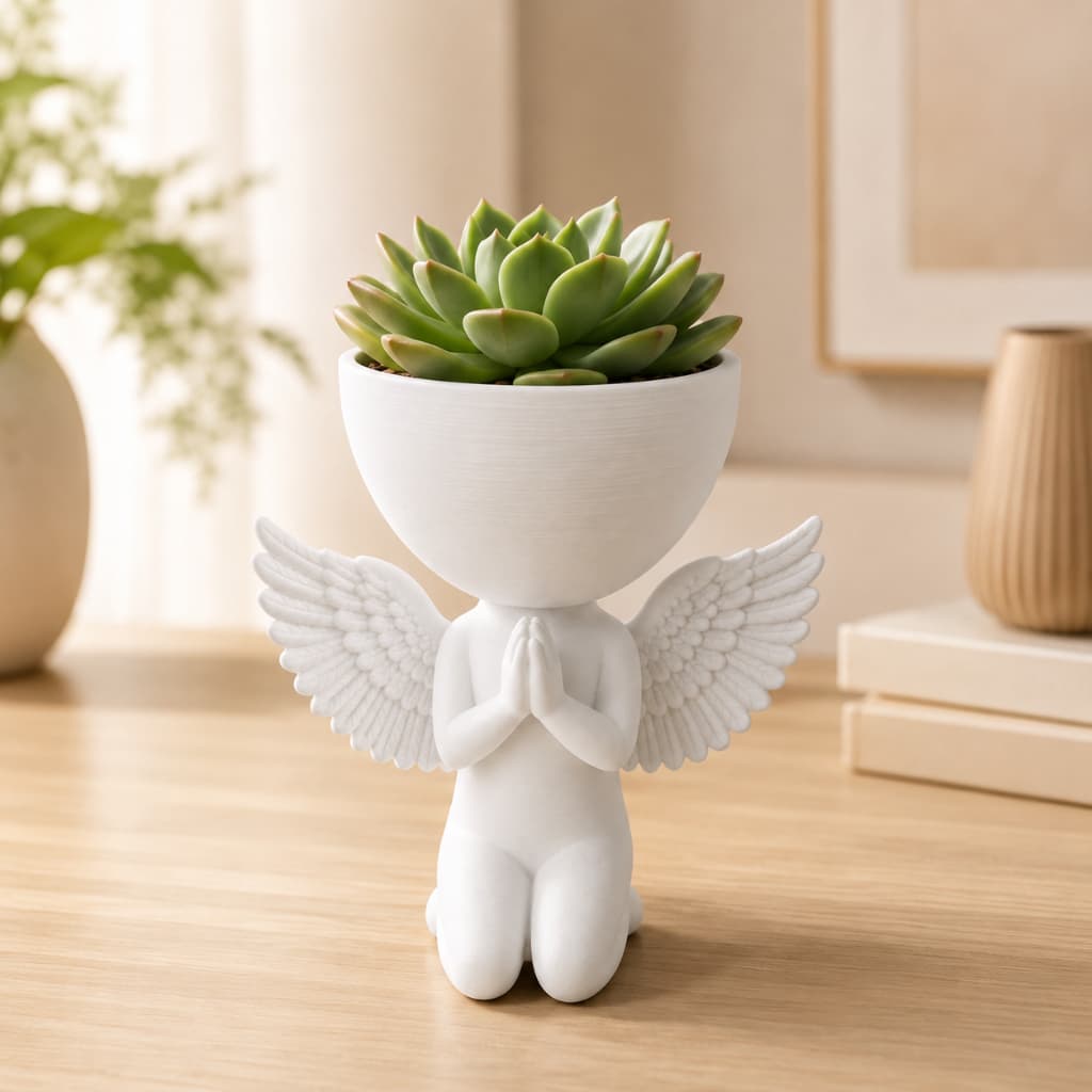 Vaso de Suculenta Anjinho Orando com Asas Decoração Religiosa para Mesa e Presente