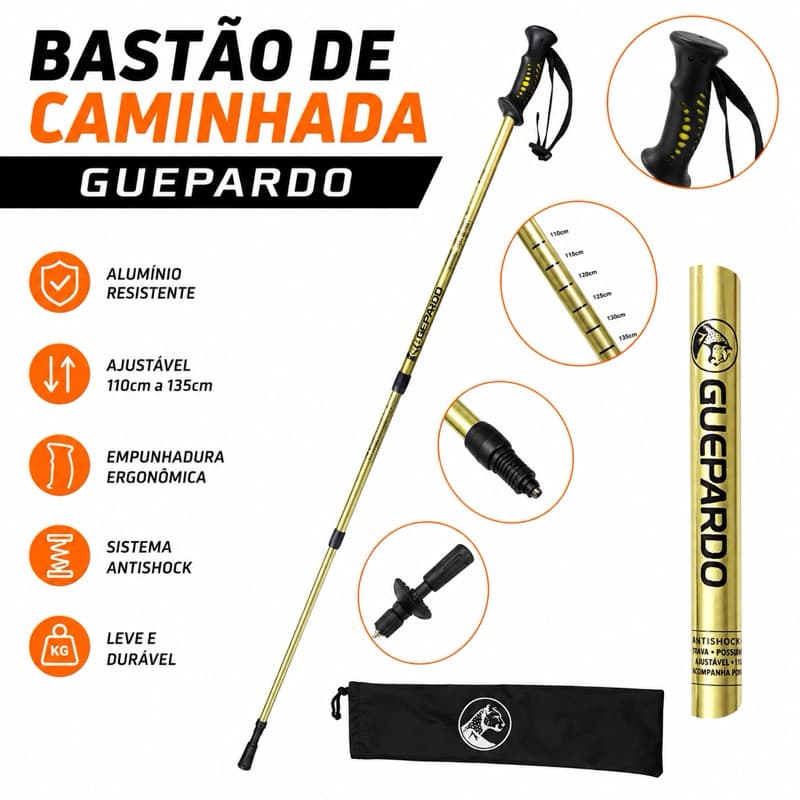 Bastão de Caminhada Guepardo Antishock Ajustável em Alumínio para Trekking Trilha Camping Montanhismo