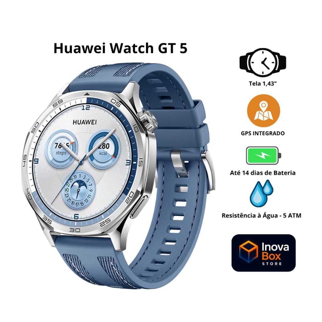 Relógio Smartwatch HUAWEI Watch GT 5 46mm AMOLED GPS Bluetooth 5ATM Chamadas 100+ Esportes