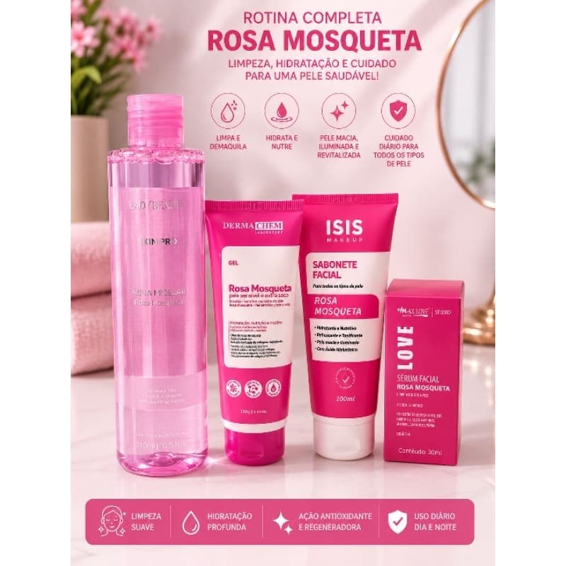 Kit Skincare Rosa Mosqueta Limpeza Facial - Sabonete/ Sérum/ Água Micelar/ Gel Facial