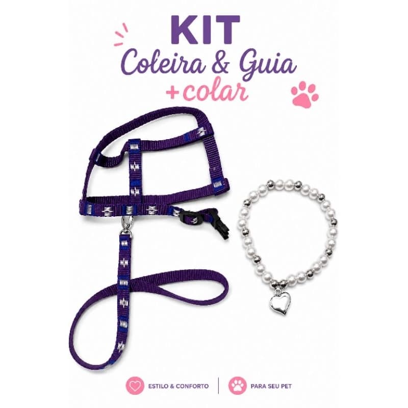 Kit Colar + Coleira Para Cachorro e Gato Guia Peitoral Ajustável Resistente Estilo Pet