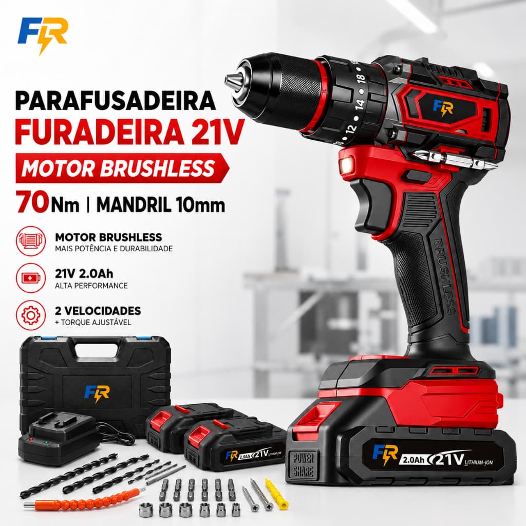 Parafusadeira Furadeira de Impacto 21V Brushless 70Nm Mandril 10mm  Maleta e Kit de Acessórios
