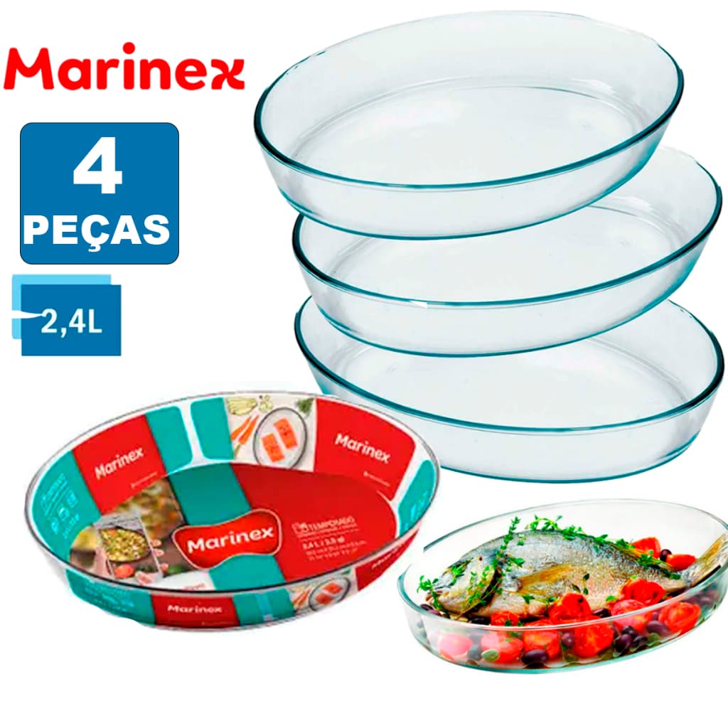 Kit Jogo 4 Travessa Oval Marinex 2,4L Assadeira de vidro forma grande travessa de cozinha