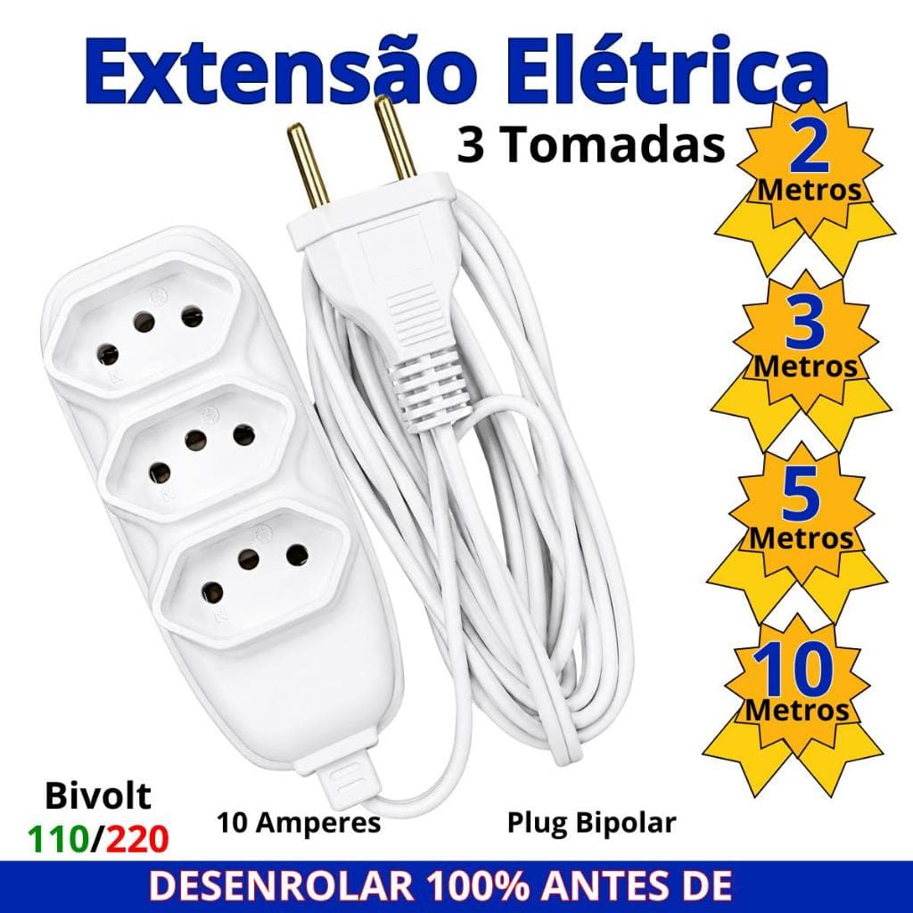 Extensão Elétrica 2/3/5/10 Metros 10A Plug 2 Pinos 3 Tomadas Compativel C Plugues de 2 e 3 Pinos 10A