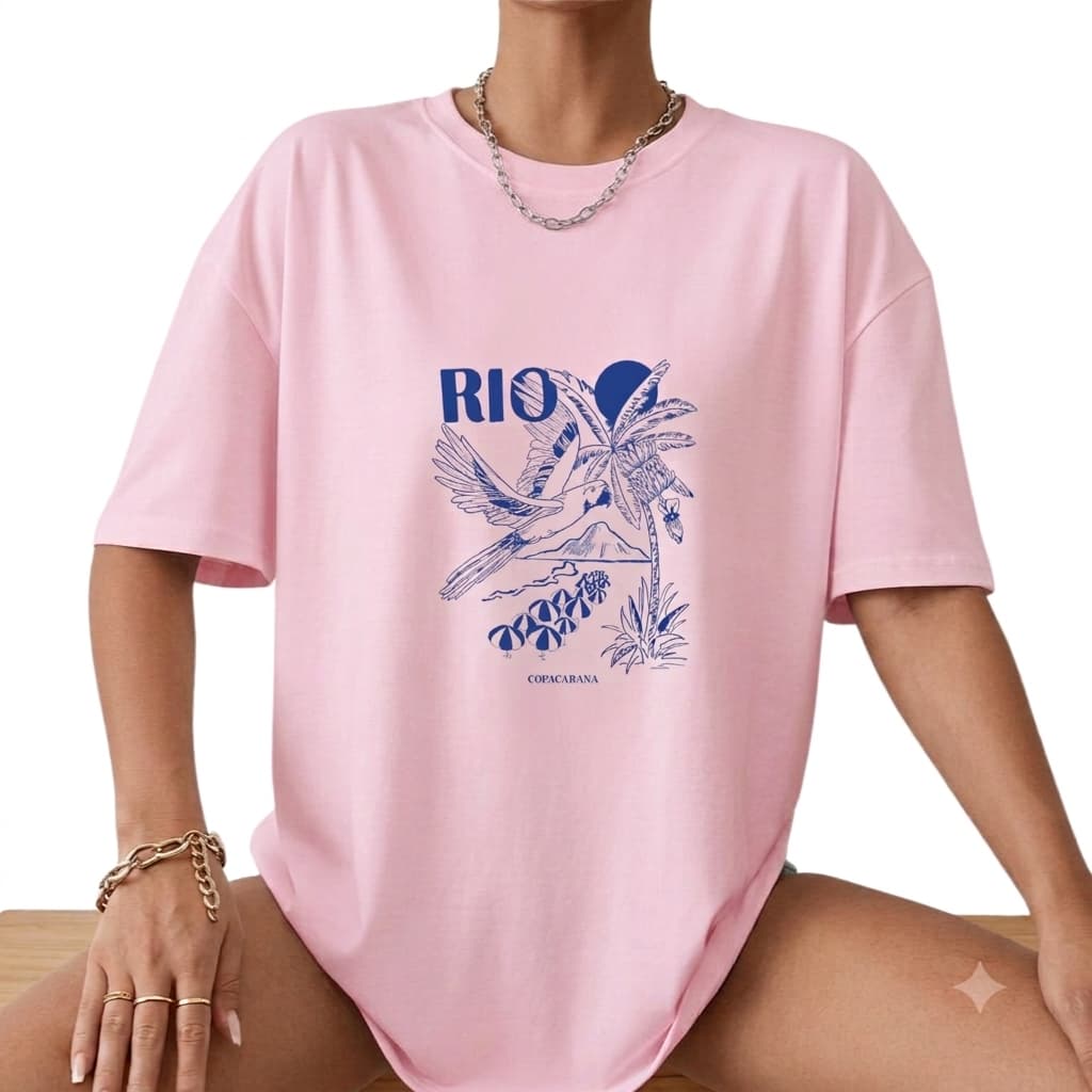 Camiseta Feminina Casual 100% Algodão Com Estampa Rio Moda Basica
