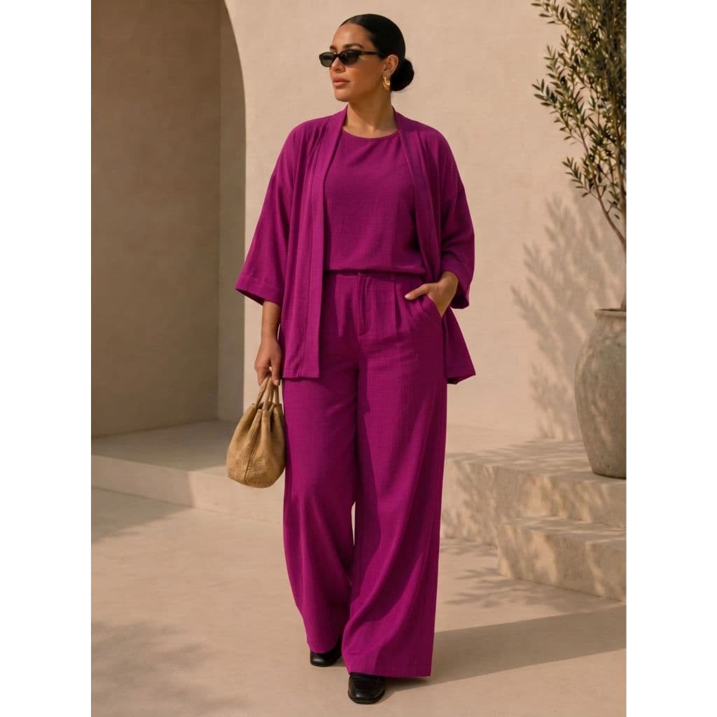 Conjunto Plus Size Feminino Calça Pantalona Regata e Kimono Plus Size Tecido Duna 3 Peças