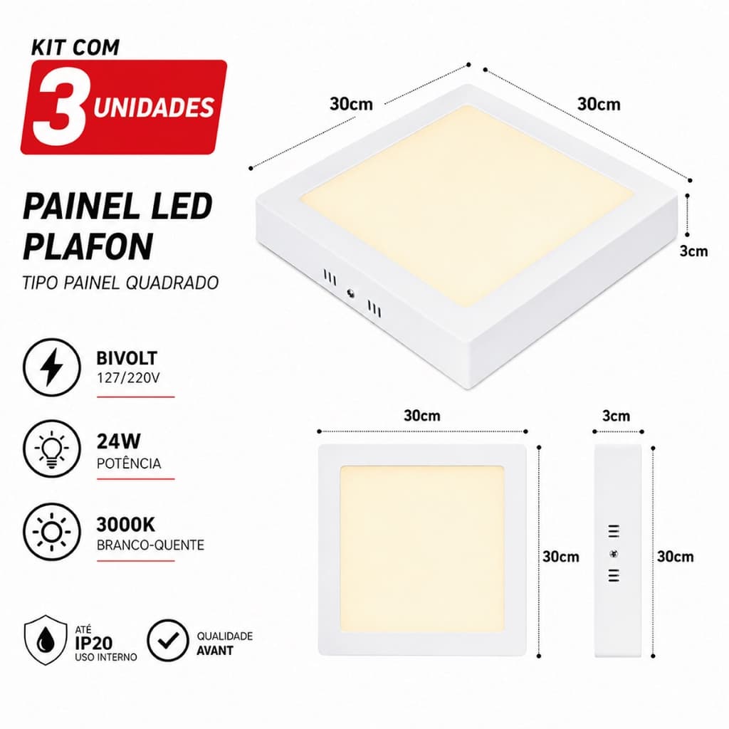 Kit 3 Painéis LED Sobrepor 24W Quadrado Avant 3000K Branco Quente Bivolt Plafon Slim Alumínio Para Gesso PVC Madeira