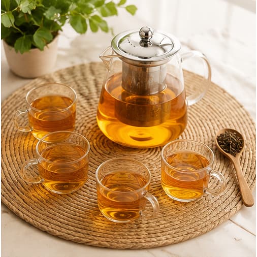 Chaleira de Vidro Borossolicato 950ml com Infusor Removível + 4 Xícaras Chá Mesa Posta Resistente Café