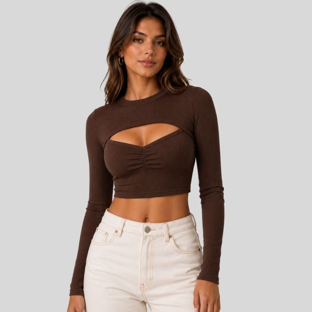 Blusa Feminina Estilosa Cacharrel Canelado Manga Longa Decote V Drapeado Franzido