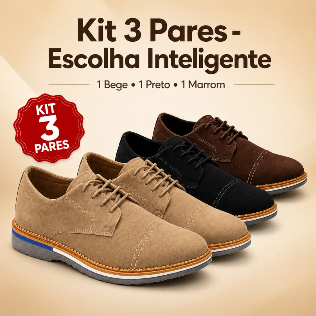Sapato Masculino Social Kit 3 Pares Moderno Confortável Camurça Leve Casual Trabalho Elegante