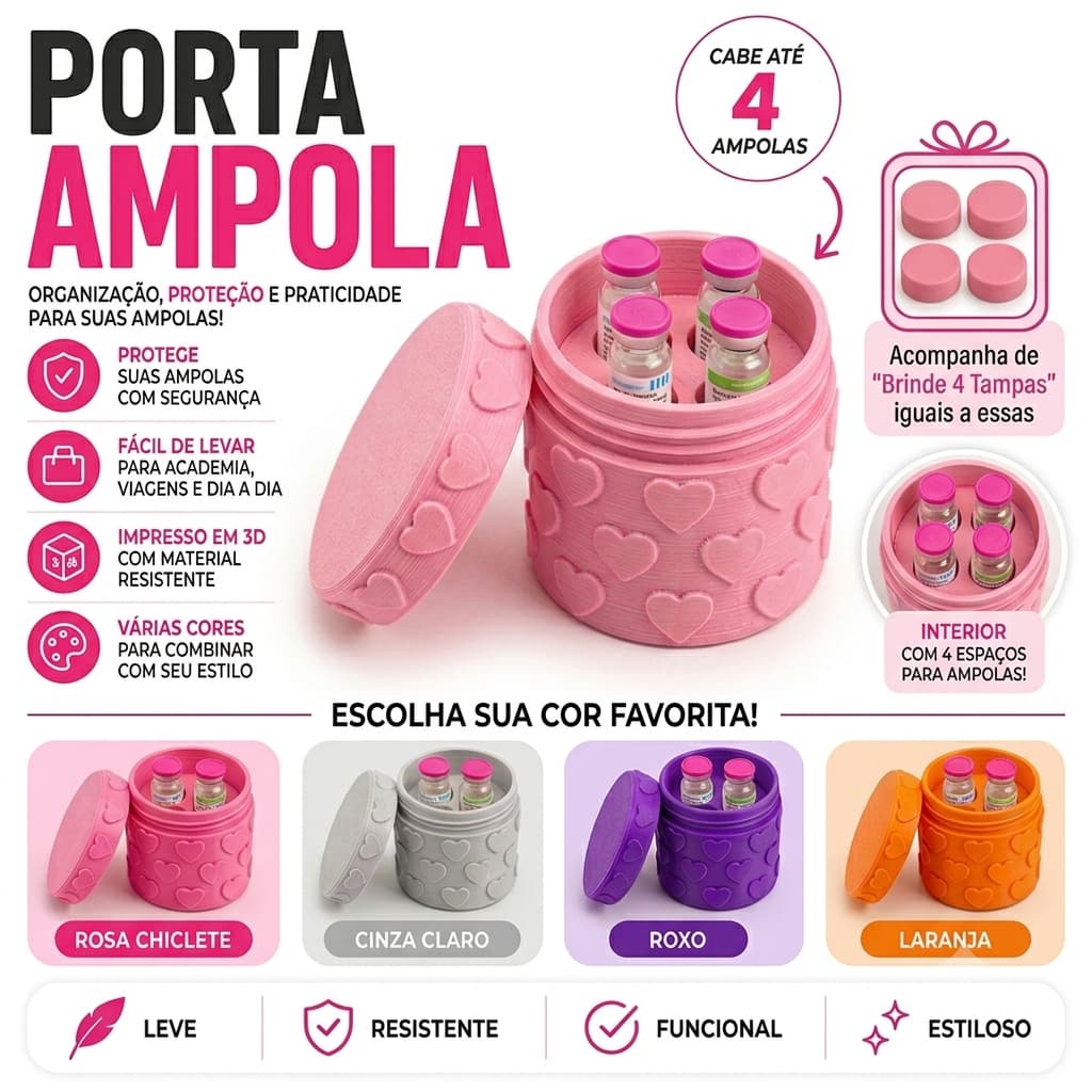 Organizador De Ampolas 3ml Tirze/GH - Coração Porta Insulina 4 Brinde Tampas - Vacinas e Injeções
