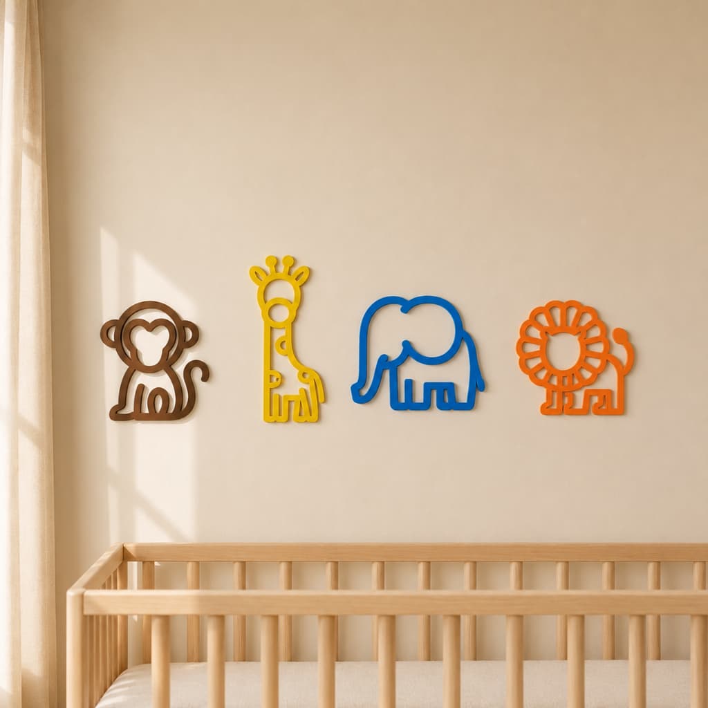 Kit Safari Decorativo para Parede Infantil | Animais Minimalistas | Leão Girafa Elefante Macaco | Quarto de Bebê