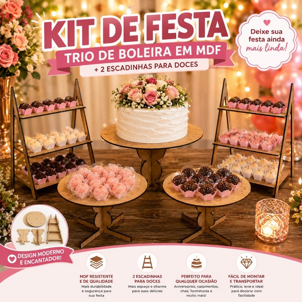 Kit festa completa decoração P/ mesas kit Pegue e Monte 2 escadinhas P/ doces com trio boleira