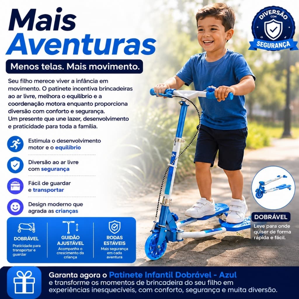 Patinete Infantil Dobrável KidVélo™ Guidão Ajustável Leve Seguro Rodas Estáveis Azul