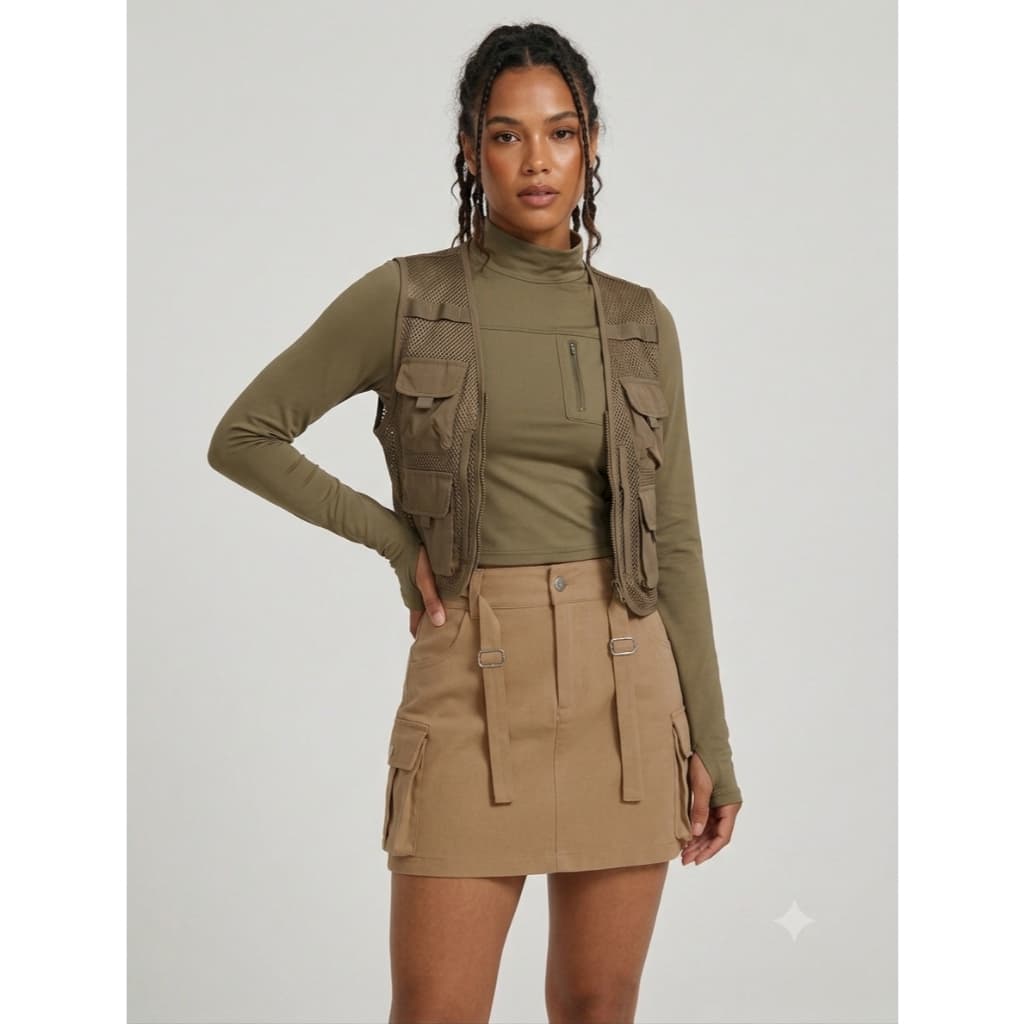 Short Saia Cargo Feminino Sarja Cintura Alta Com Bolsos Verão