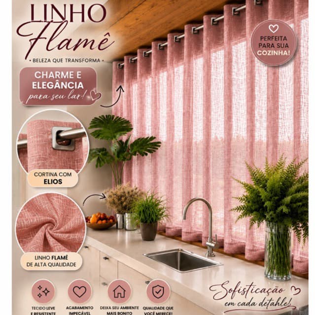 Cortina Voil Linho Flame 2,00x1,20 Para cozinha Com Ilhós