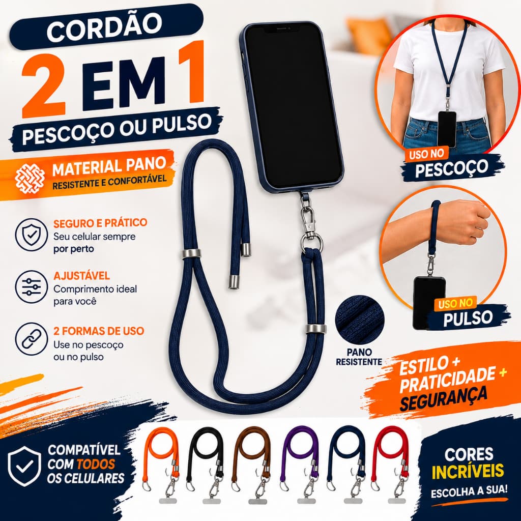 Cordão Universal Ajustável Para Celular Crachá Chaveiro Alça Pescoço E Pulso Reforçado +  Adaptador de Capa Metal