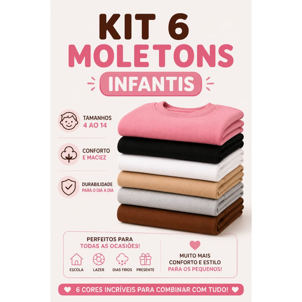 Kit com 6 Moletons Infantil Básico Flanelado Gola Careca Unissex Confortável Tamanho 4 ao 14
