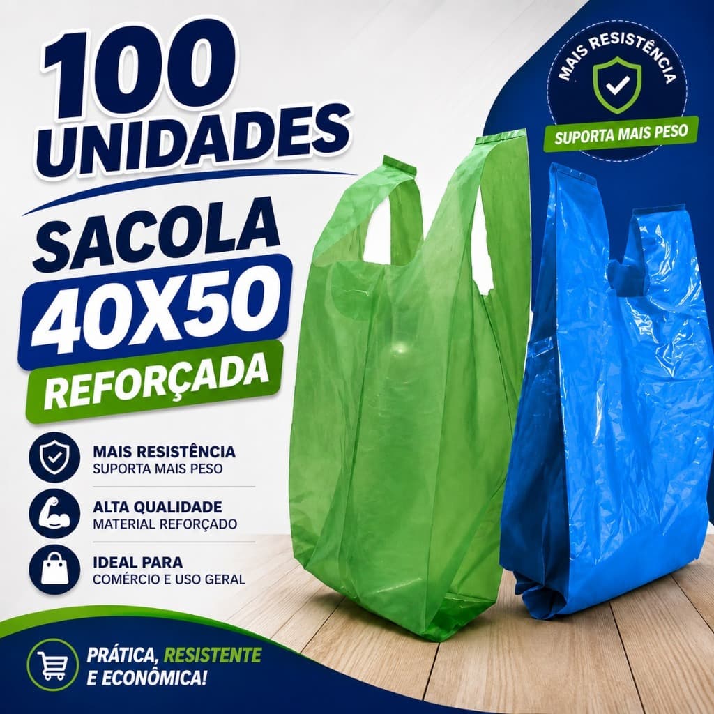 Sacola plástica reforçada Azul/ Verde 40X50 com 100 unidades