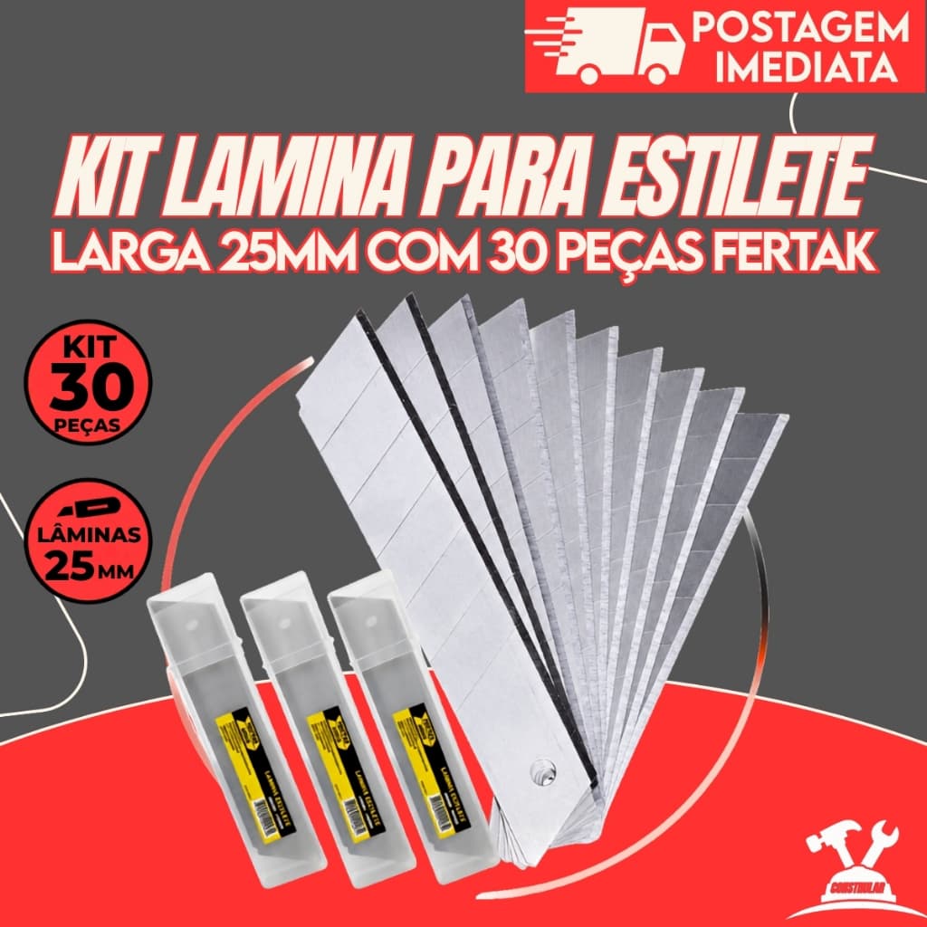 Kit Jogo Lamina Para Estilete Larga 25mm Com 30 Peças Fertak 4208
