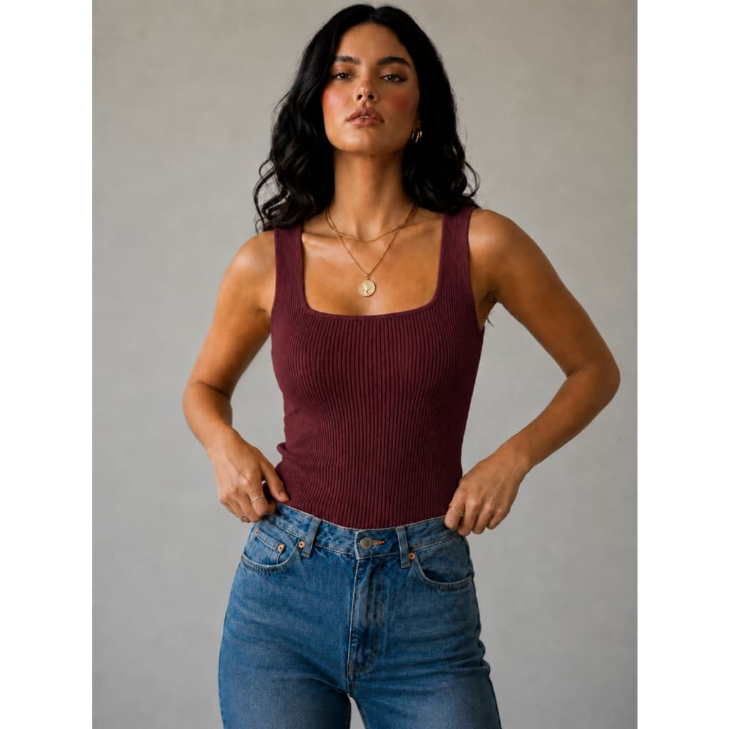 Regata feminina básica tricot modal canelada decote quadrado