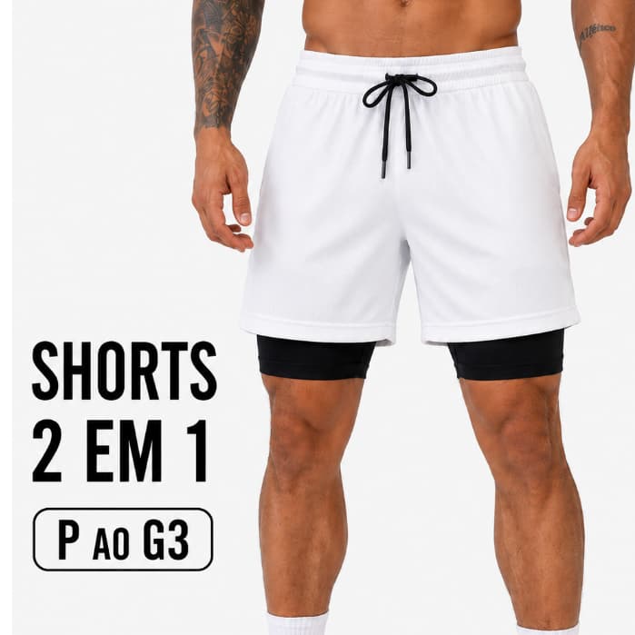 Shorts 2 em 1 Masculino Compressao Dry Fit  Plus size Esportivo Academia Bermuda Treino Corrida Futebol