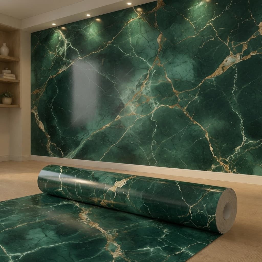 Papel de Parede Marmore Verde Esmeralda Traços Dourado Lavável Autocolante Decoração