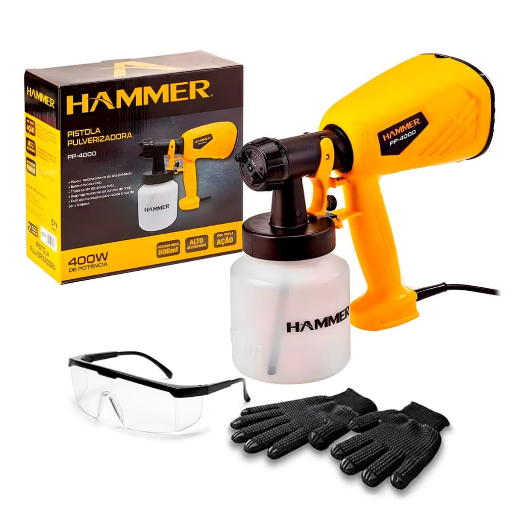 Pistola De Pintura Profissional Pulverizadora 500ml Hvlp Hammer 400w Amarelo + Acessórios