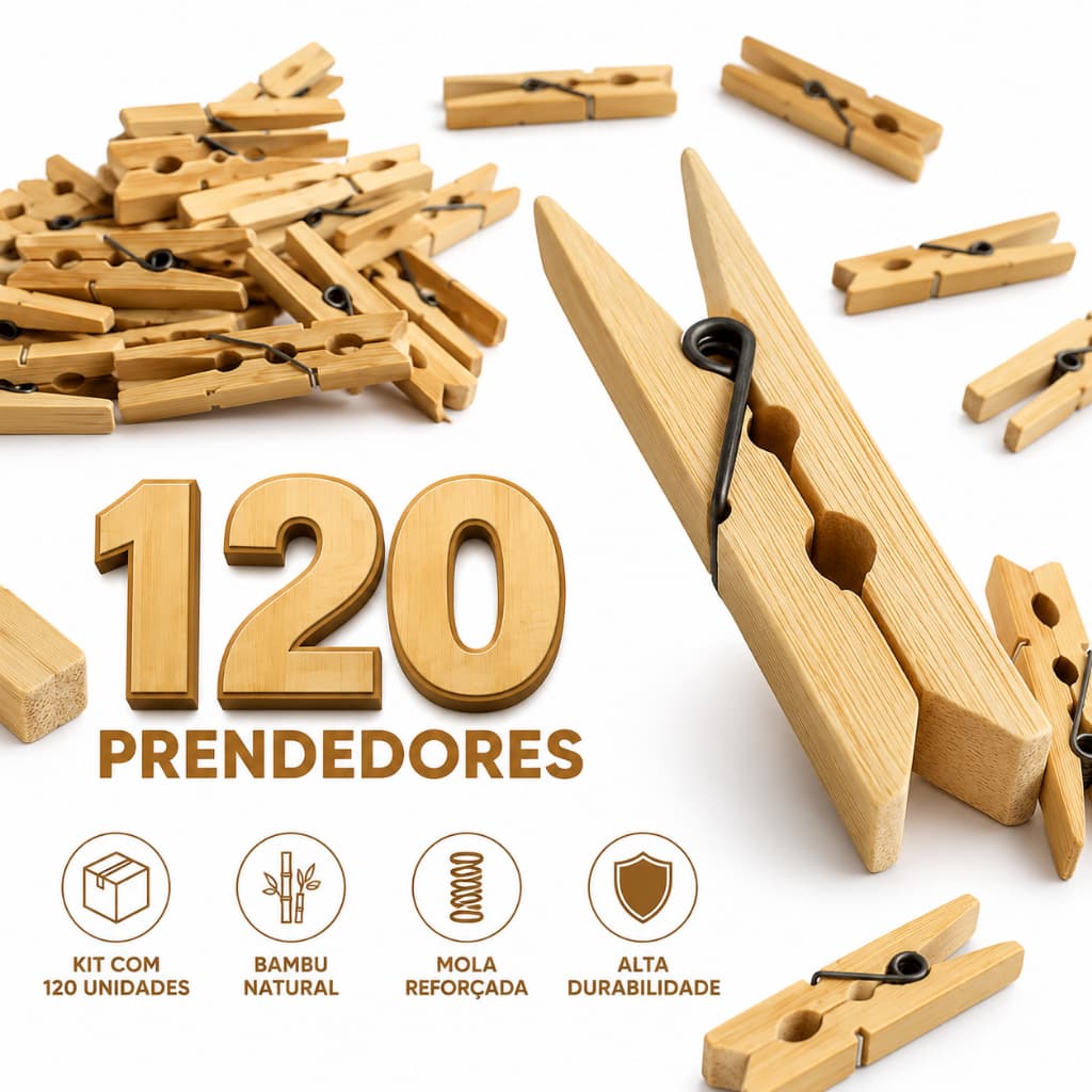 Kit 120 Prendedor Pregador Roupas Bambu Madeira Resistente