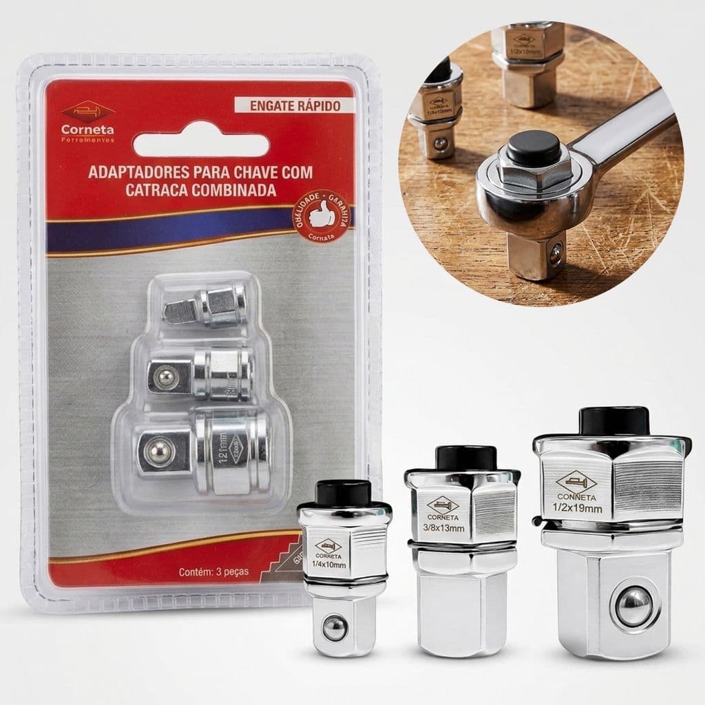 Kit Adaptador Chave Catraca Combinada 3 Peças 1/4 / 3/8 / 1/2 Cromo Vanádio