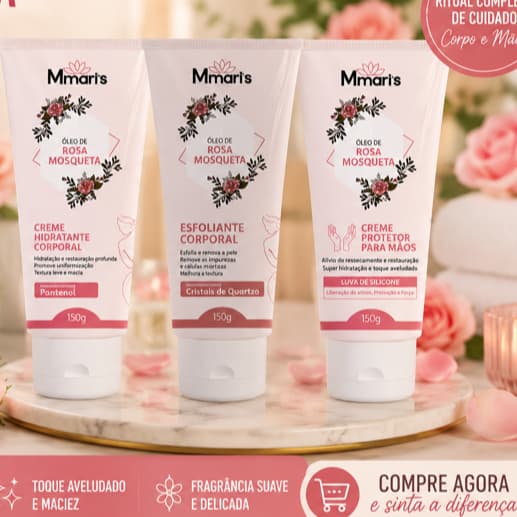 Kit Rosa Mosqueta Completo | Esfoliante Corporal + Hidratante Corporal + Creme para Mãos