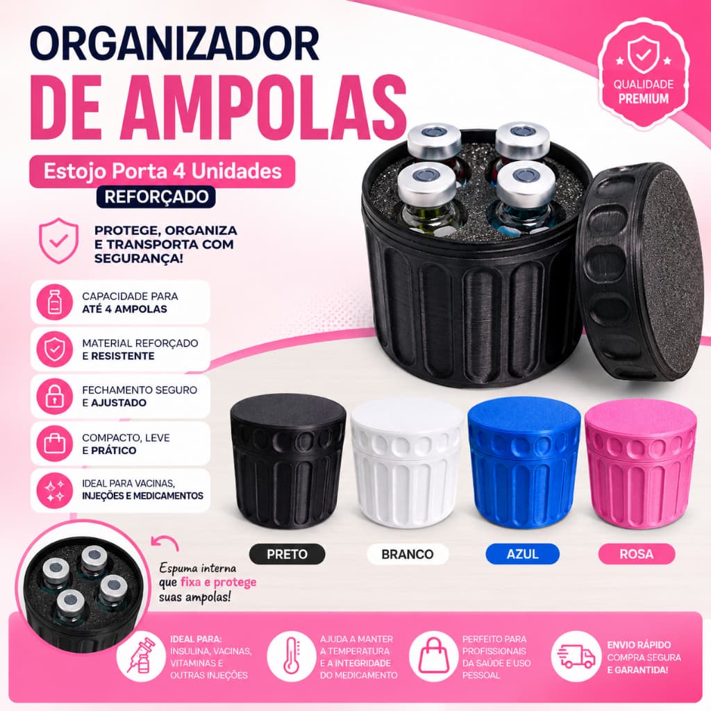 Organizador de Ampolas Estojo Porta 4un reforçado Vacinas Injeções 3ml