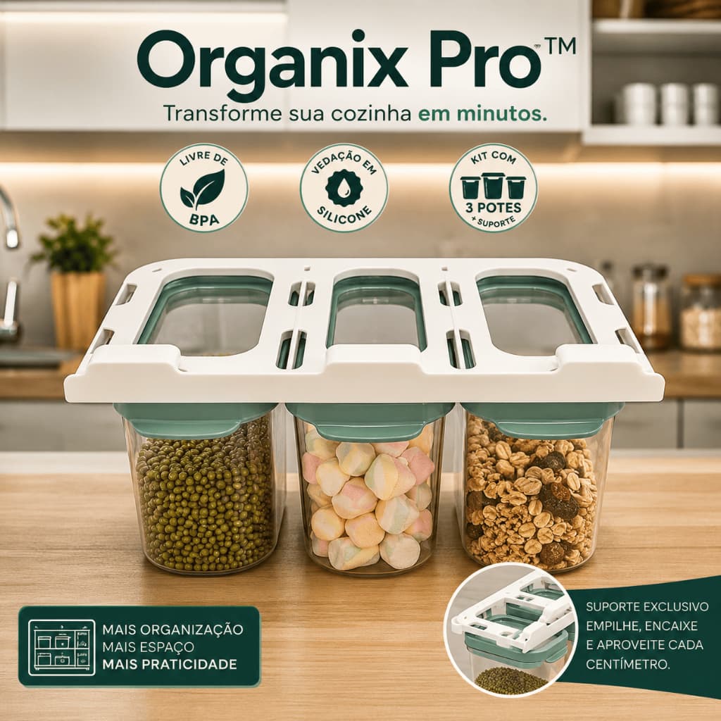Kit 3 Potes Herméticos com Suporte Organizador Organix Pro Tampa Vedação Silicone Livre BPA Armazenamento Cozinha Mantim