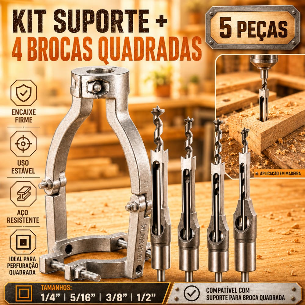 Kit 5 Brocas Furo Quadrado + Suporte Fixo Adaptador Furadeira de Bancada
