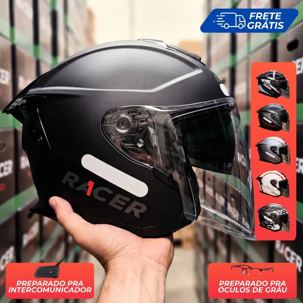 Capacete Aberto Com Óculos Solar Interno Racer1 RC3 Wind-R Gráficos Variados