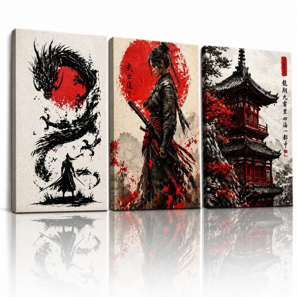 Kit 3 Quadros Decorativos Samurai Dragão Japonês Arte Oriental Vermelho e Preto
